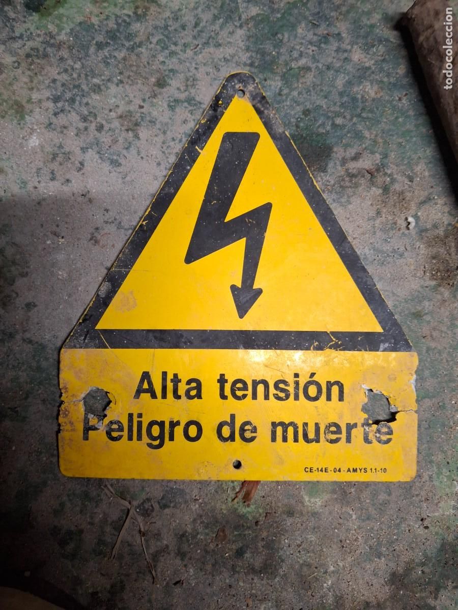 Antig&uuml;edades: Antigua chapa cartel se&ntilde;al litograf&iacute;a peligro muerte riesgo electricidad Alta Tensi&oacute;n