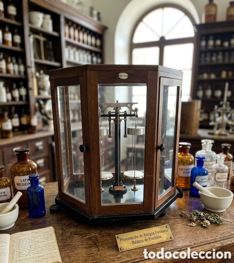 Antig&uuml;edades: Antigua balanza de Farmacia en vitrina
