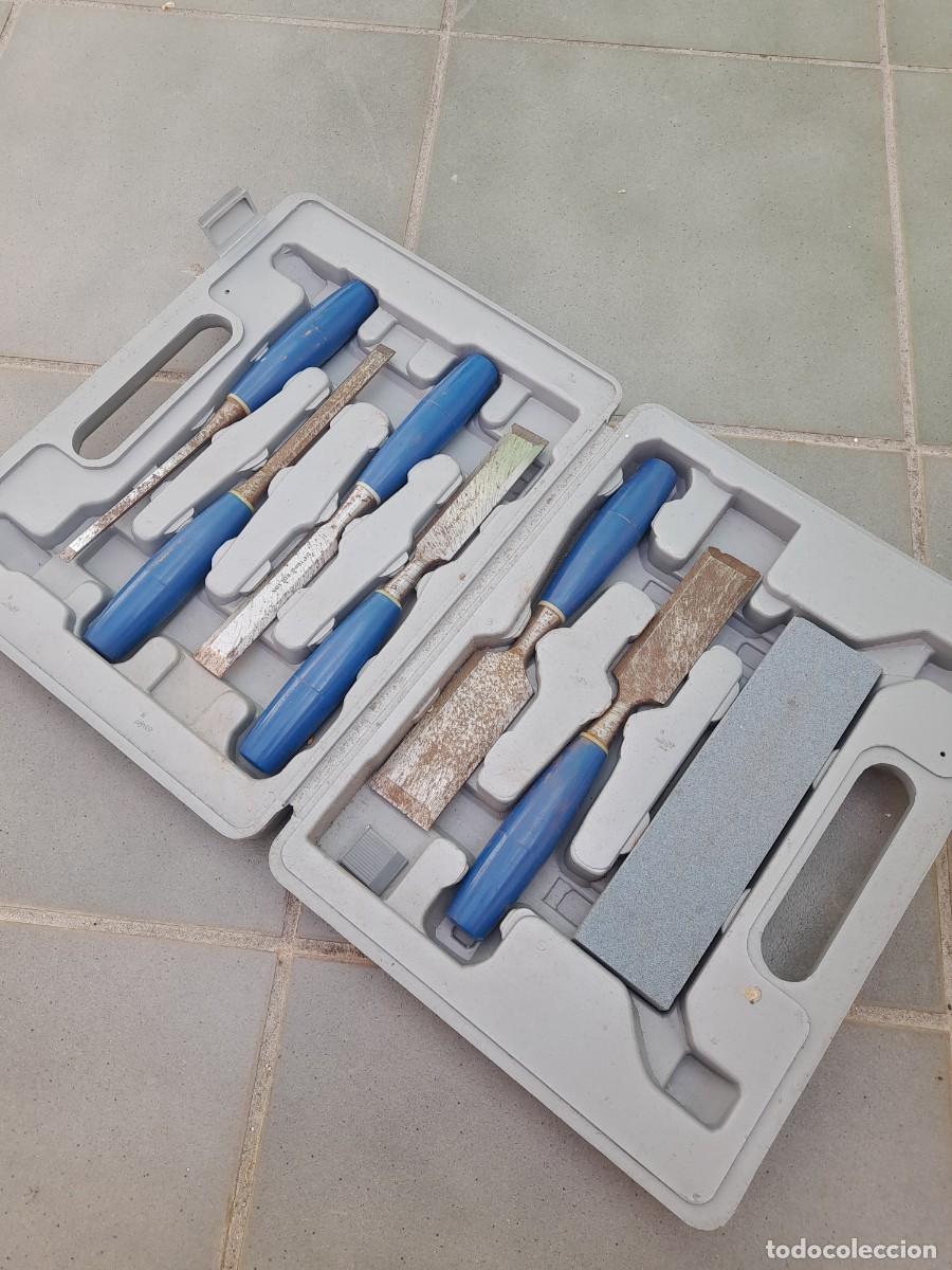 Antig&uuml;edades: Juego 6 formones rolson y piedra de afilar en su malet&iacute;n, corte de 5 a 38mm aprox