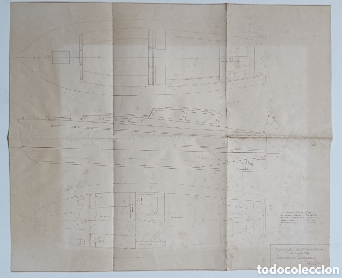 Antig&uuml;edades: Antiguo plano embarcacion Canoa Automovil Astilleros Artime Luanco