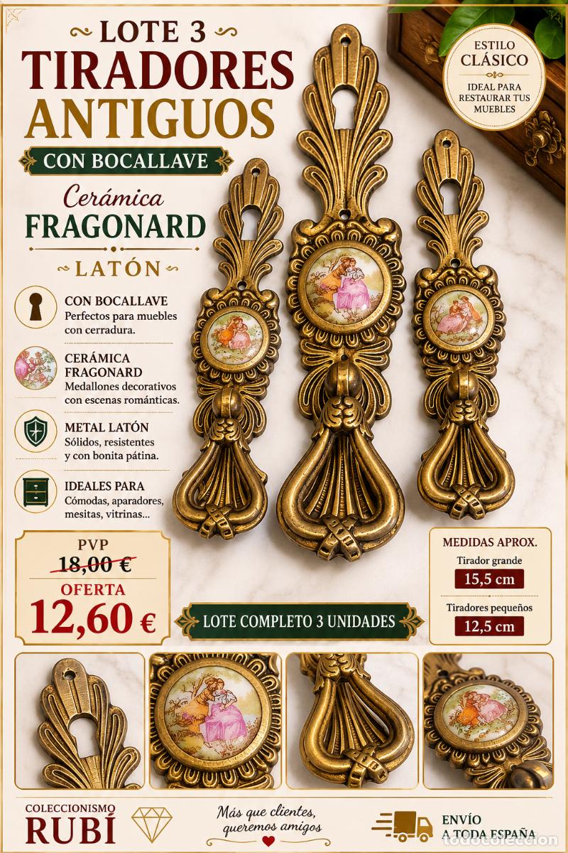 Antig&uuml;edades: LOTE 3 TIRADORES MUEBLE ANTIGUOS | BOCALLAVE | CER&Aacute;MICA FRAGONARD | LAT&Oacute;N | 12,5 Y 15,5 CM