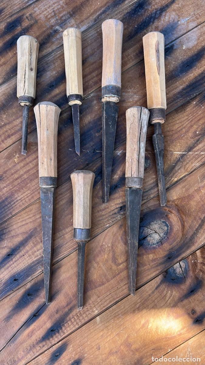 Antig&uuml;edades: ESCOPLOS DE MANDO DE MADERA HEXAGONAL HERRAMIENTAS ANTIGUAS DE CARPINTERIA DE 25 A 43 CMS. LONGITUD