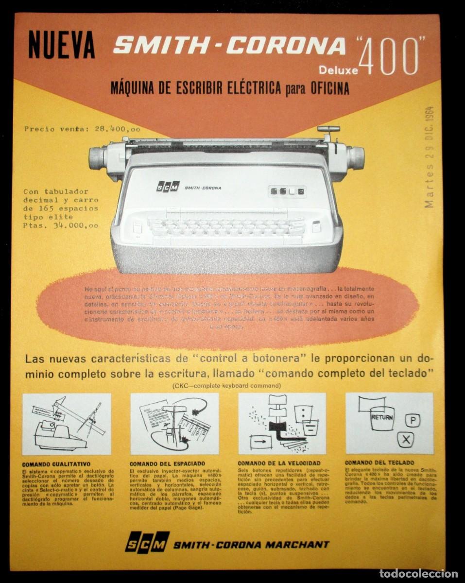 Antiquit&auml;ten: HOJA PUBLICITARIA DE LA M&Aacute;QUINA DE ESCRIBIR SMITH CORONA 400 EL&Eacute;CTRICA DE LUXE. 1964. EN ESPA&Ntilde;OL.