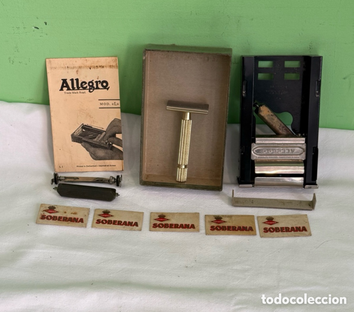 Antiquit&auml;ten: M&aacute;quina Afiladora Allegro Suiza Mod L Completa Caja Original Manual Accesorios Vintage.