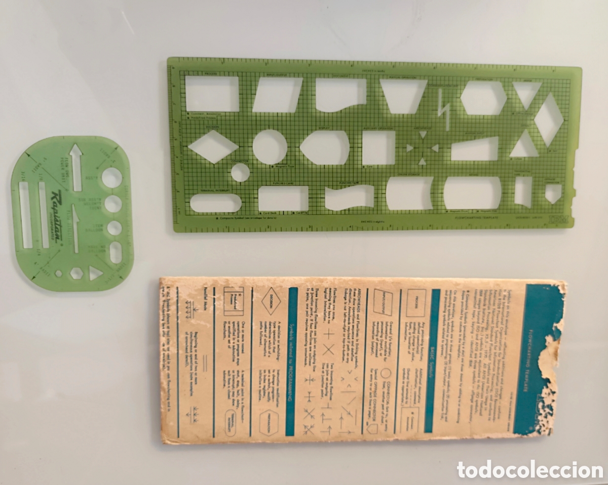 Antig&uuml;edades: Antiguas plantillas IBM y Rapistan diagrama flujo flowchart. Con funda original