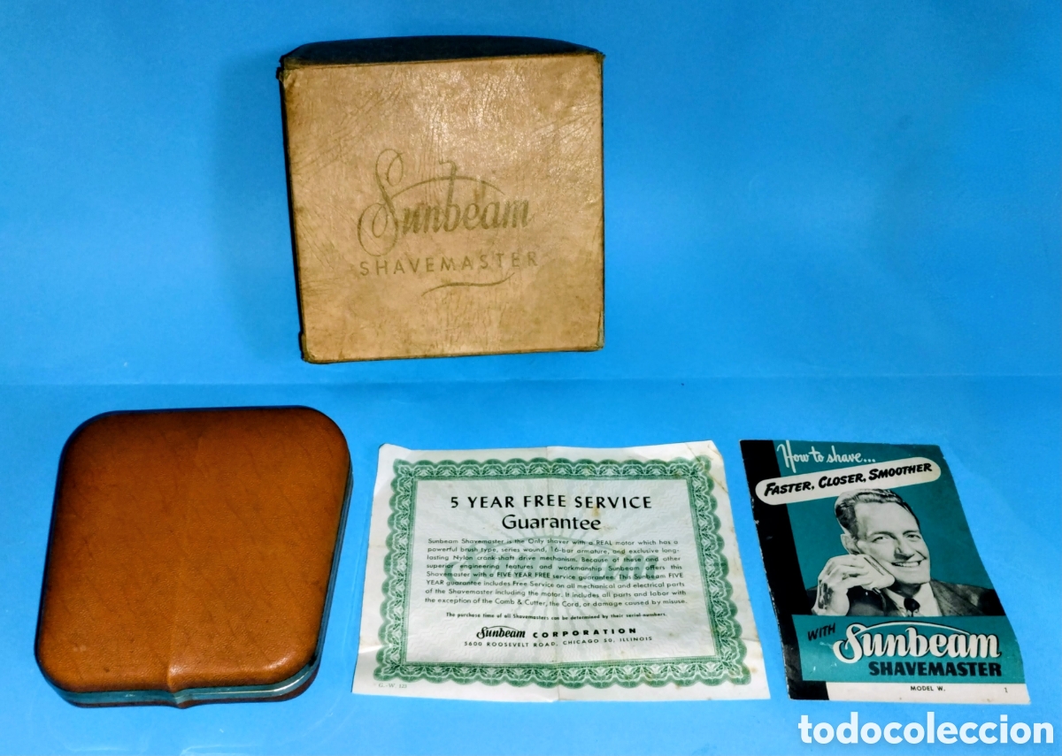 Antiquit&auml;ten: LOTE antigua AFEITADORA EL&Eacute;CTRICA SUNBEAM SHAVEMASTER + ESTUCHE ORIGINAL + INSTRUCCIONES + GARANT&Iacute;A