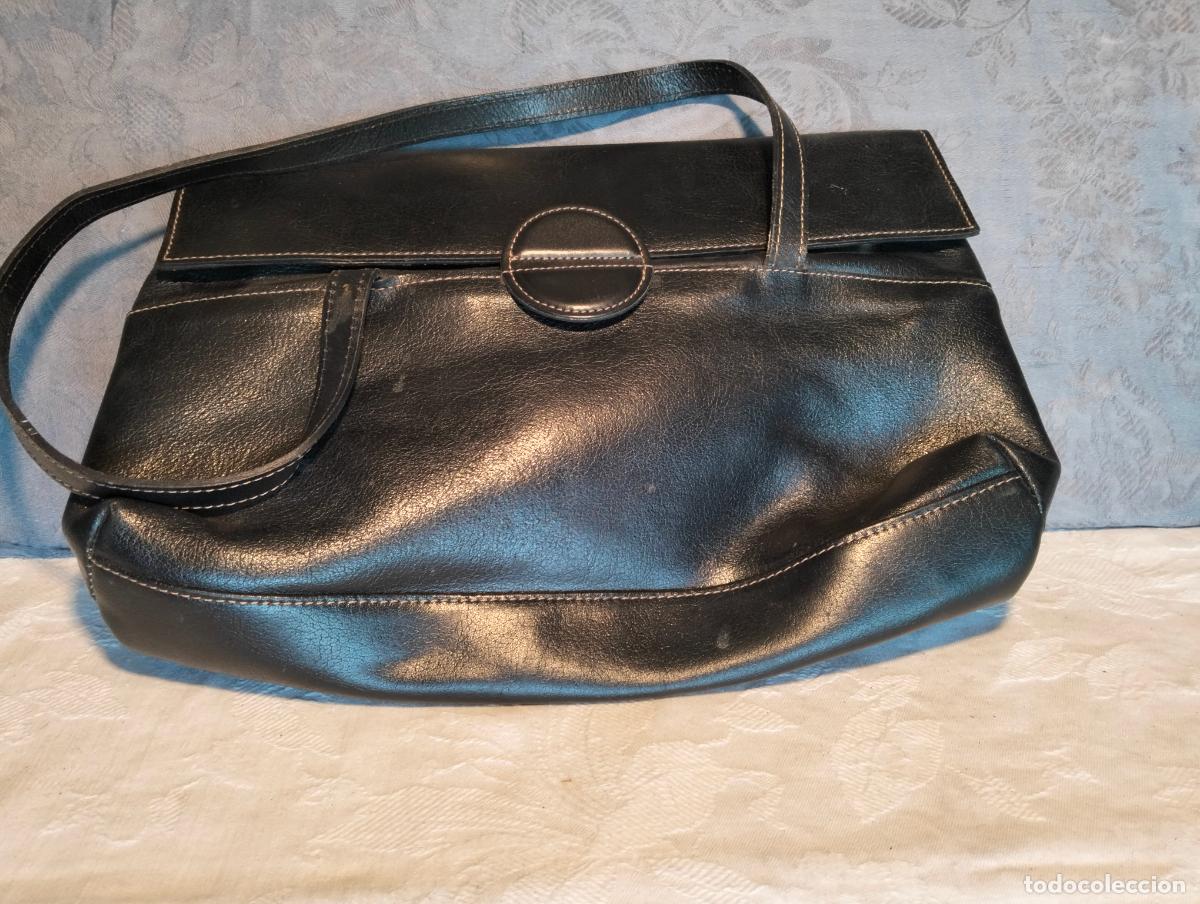 Antiquit&auml;ten: Bolso vintage color negro marca Pr&uuml;ne mujer de mano con asas piel cuero