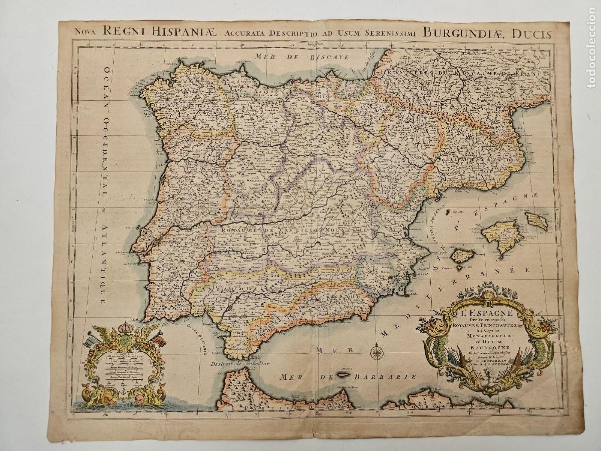 Antig&uuml;edades: MAPA ESPA&Ntilde;A, LE DUC DE BOURGOGNE, JAILLOT, (ORIGINAL DE 1696), ACUARELA ORIGINAL,(62X50)