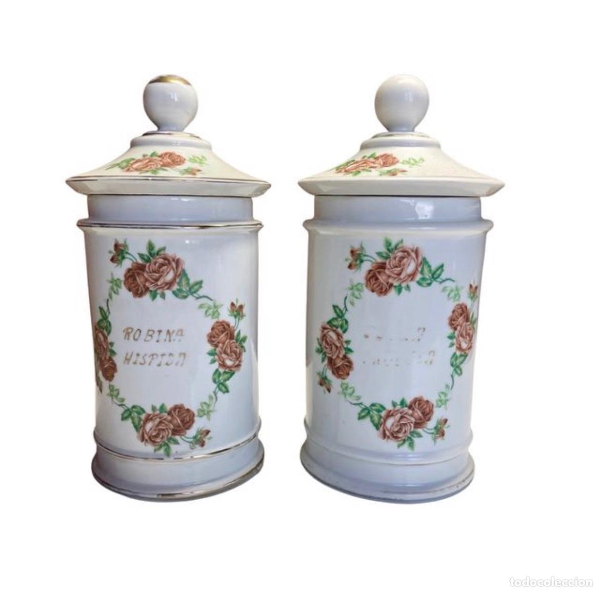 Antig&uuml;edades: Pareja Albarelos Farmacia Porcelana Flores