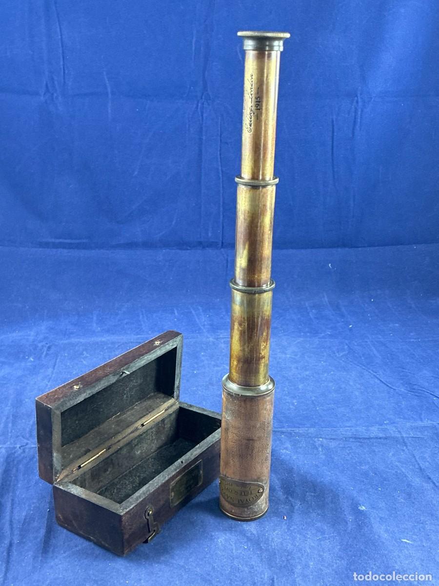 Antig&uuml;edades: Telescopio naval extensible W. Ottway & Co London 1915 lat&oacute;n cuero con caja de madera funcional