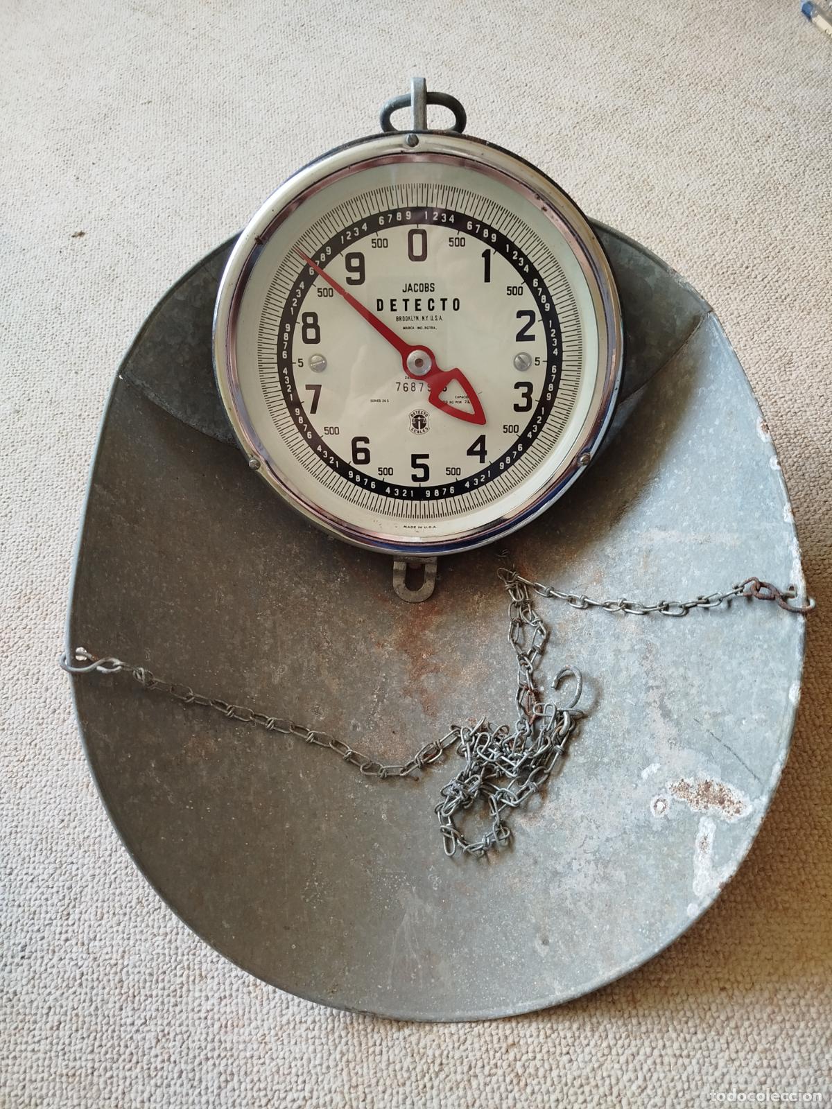 Antig&uuml;edades: Antigua B&aacute;scula de Colgar Detecto NY &ndash; Con Plato Galvanizado Original &ndash; Estilo Vintage / Industrial