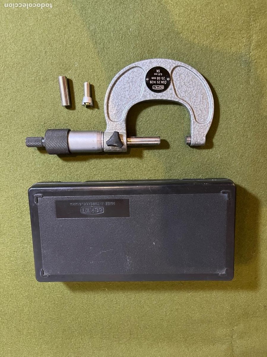 Antig&uuml;edades: Micr&oacute;metro exterior SOMET 25-50 mm 0,01 mm con caja original y topes de medici&oacute;n &ndash; Made in Czechoslo