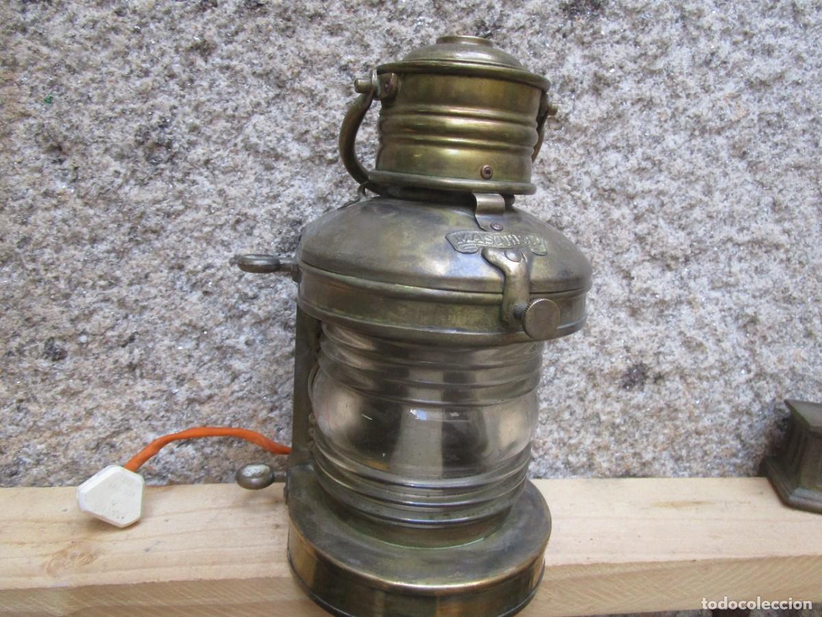 Antig&uuml;edades: FAROL DE BARCO EN LATON &rdquo; TOPE DE PROA &rdquo; ELECTRIFICADO &rdquo;- 31CM ALTO ASA INC 1,4KG REEMACHADO.+ INFO