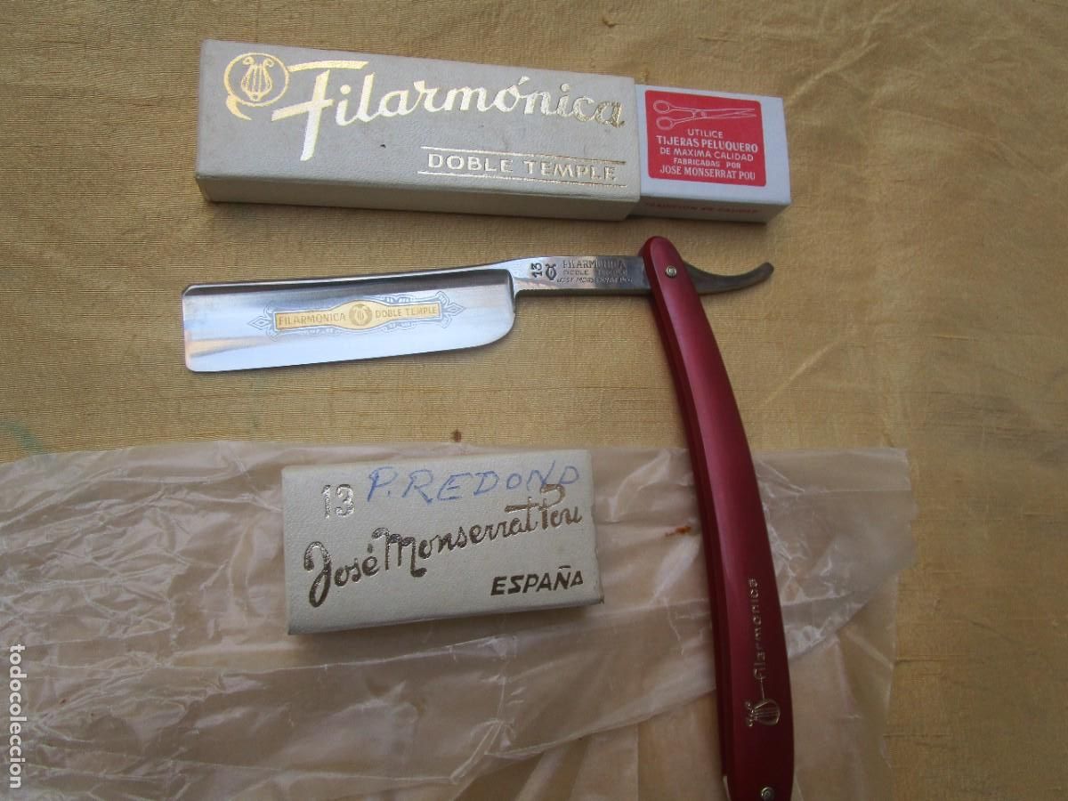 Antig&uuml;edades: NAVAJA AFEITAR RAZOR RASOIR FILARMONICA DOBLE TEMPLE - JOSE MONSERRAT POU N&ordm; 13. NUNCA USADA + INFO