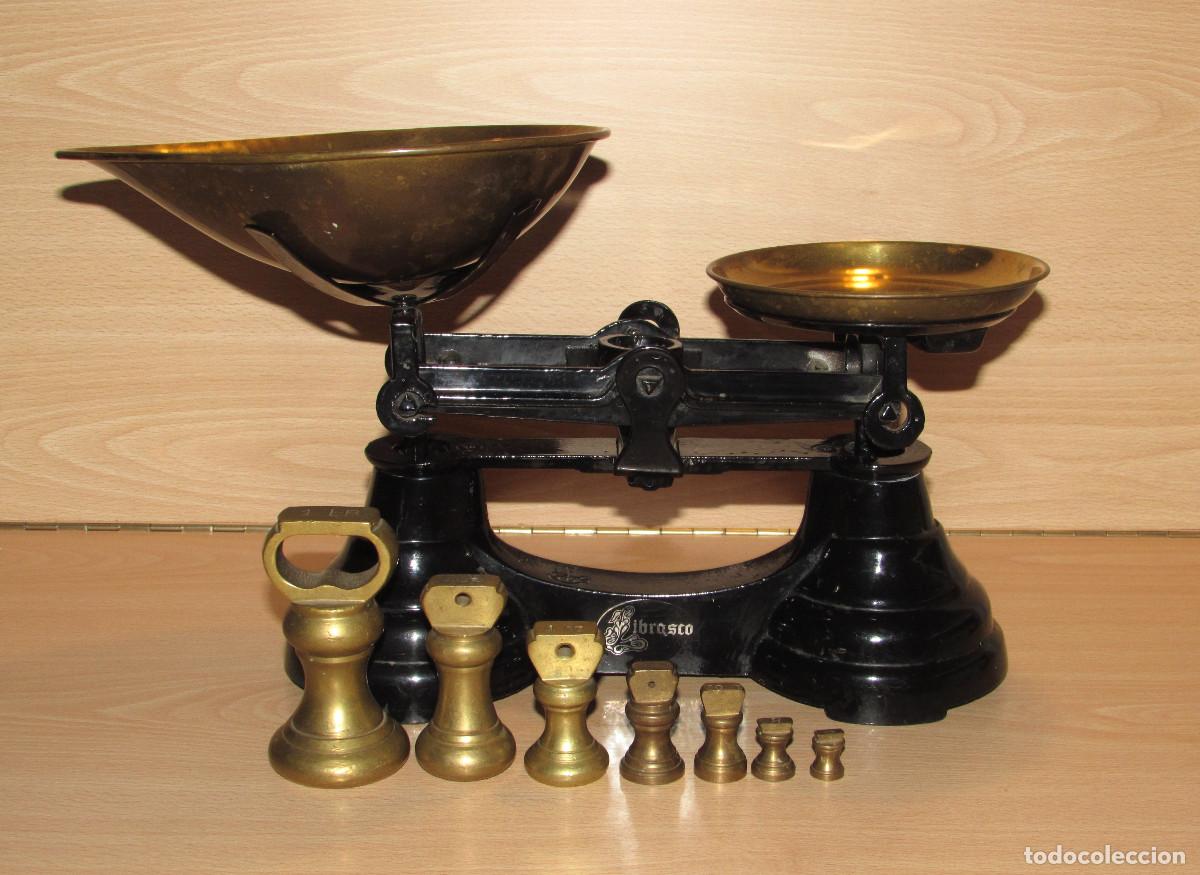 Antiquit&eacute;s: Antigua b&aacute;scula balanza brit&aacute;nica peso para t&eacute; ingl&eacute;s Librasco con 7 ponderales pesas circa 1920