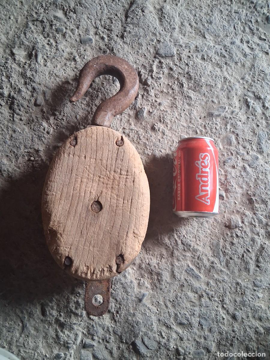Antig&uuml;edades: Polea de madera con gancho hierro granjas barcos f&aacute;brica para elevar cargas