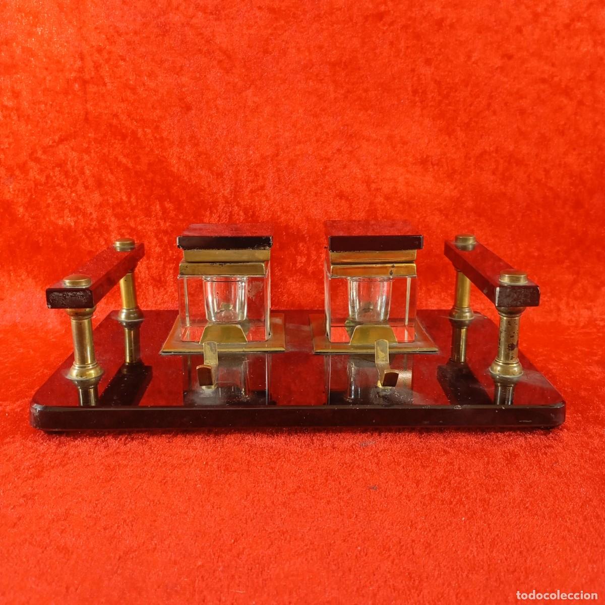 Antig&uuml;edades: ESCRIBAN&Iacute;A DE ESCRITORIO - ART D&Eacute;CO - BASE DE CRISTAL - INCLUYE 2 TINTEROS - 25,5 X 16 X 7 CM / 2262