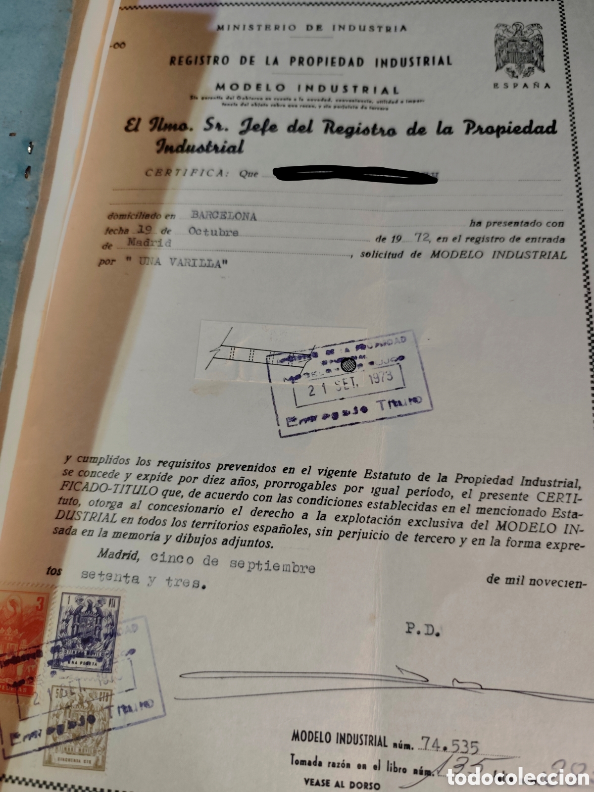 Antig&uuml;edades: Registro Propiedad Industrial 1973. Patente modelo industrial 74535