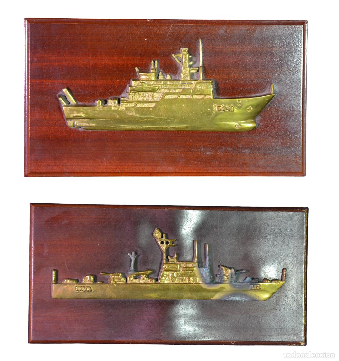 Antiquit&eacute;s: Set de 4 Placas de Buques de Guerra en Lat&oacute;n
