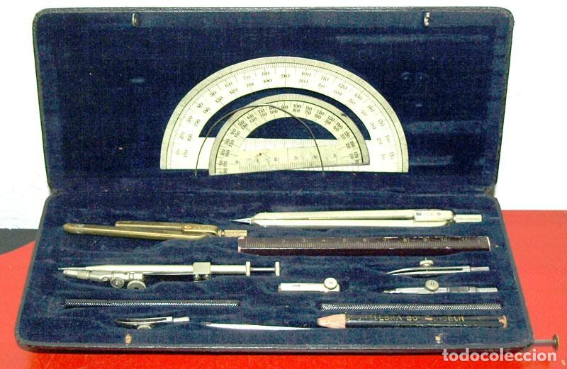 Antig&uuml;edades: Juego de comp&aacute;s antiguo, con estuche de madera