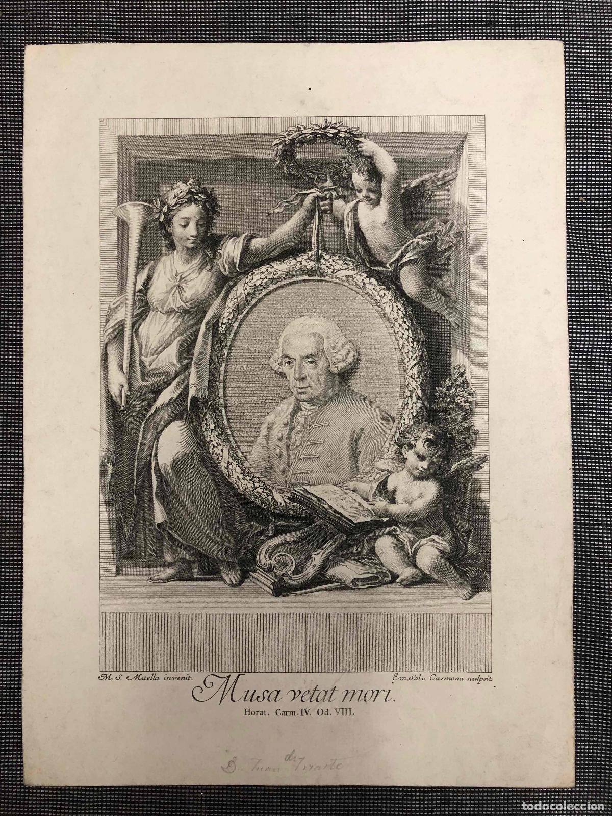 Antig&uuml;edades: GRABADO RETRATO DE JUAN DE IRIARTE. MUSA VETAT MORI. MARIANO SALVADOR MAELLA. A&Ntilde;O 1774