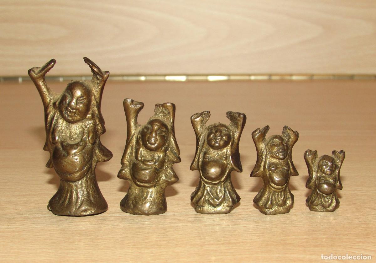 Antiguidades: Antigua escala 5 pesas ponderales Buda Bhuda Budha Hotei bronce Myanmar Birmania s. XIX