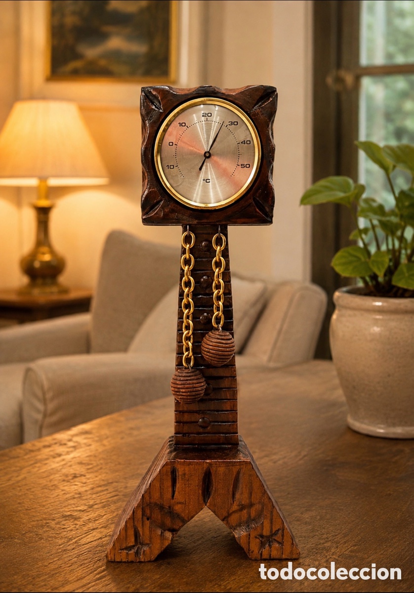 Antig&uuml;edades: Term&oacute;metro medidor de temperatura con adorno base de madera, cadenas y pesas