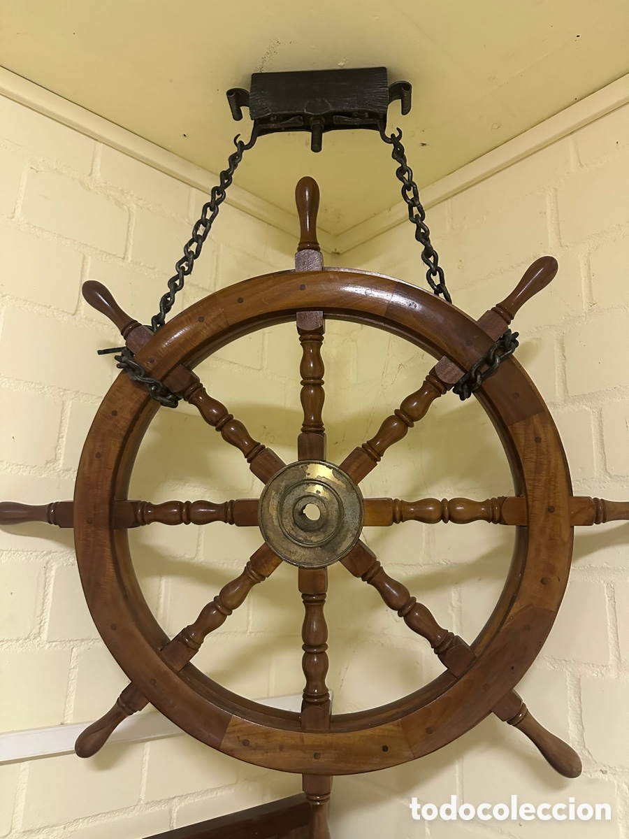 Antig&uuml;edades: Gran tim&oacute;n de barco antiguo de madera con buje met&aacute;lico 91 cm