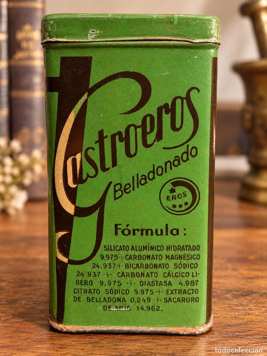 Antig&uuml;edades: Antiguo Gastroeros Belladonado Laboratorio EROS Lata con prospecto y contenido original