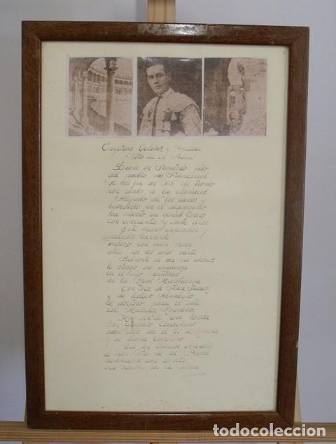 Antig&uuml;edades: Cuadro Taurino Manuscrito Poema a Cayetano Ord&oacute;&ntilde;ez &rdquo;El Ni&ntilde;o de la Palma&rdquo; por R. Montenegro