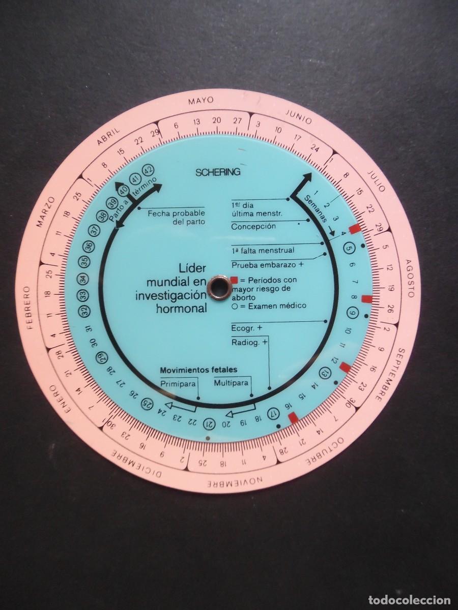 Antig&uuml;edades: Gestograma de pl&aacute;stico y cart&oacute;n, 1985. Disco gestacional o calculadora de embarazo. Schering
