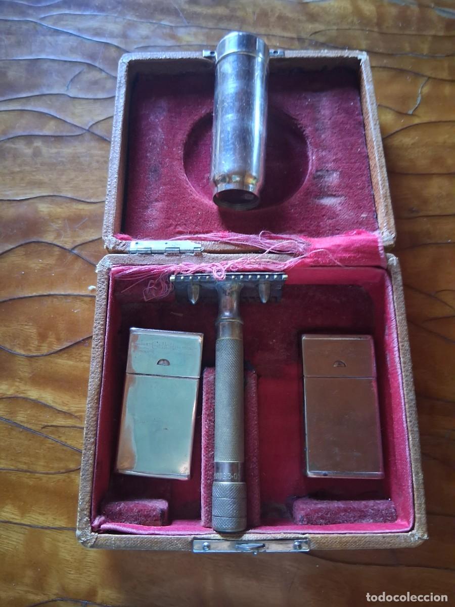 Antig&uuml;edades: Estuche vintage aseo personal o de viaje maquinilla afeitar King Guillette caja cuchillas sevillana