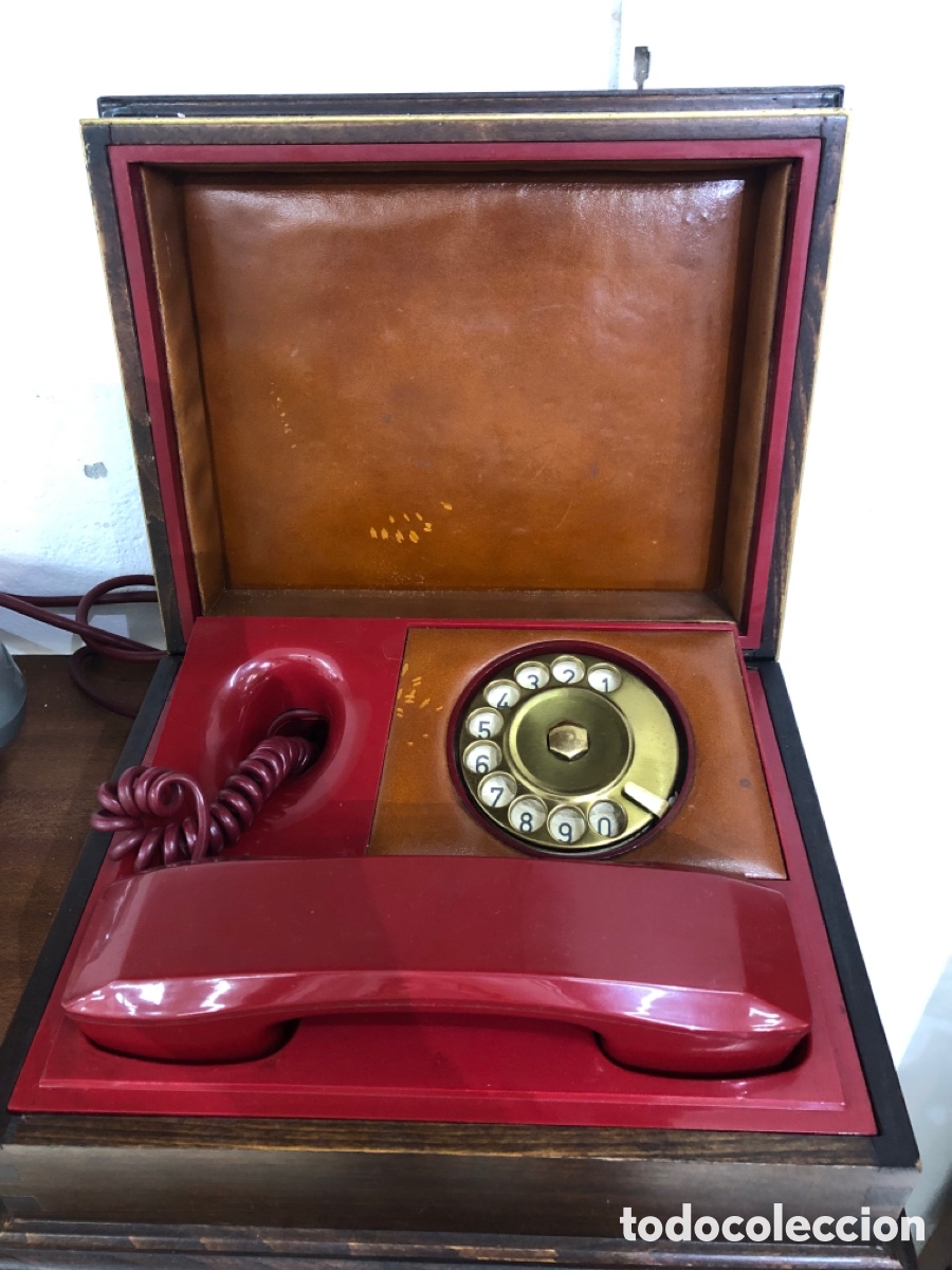 Tel&eacute;fonos: Antiguo Tel&eacute;fono de Sobremesa Telcer en Caja de Madera (Vintage / Mid-Century)