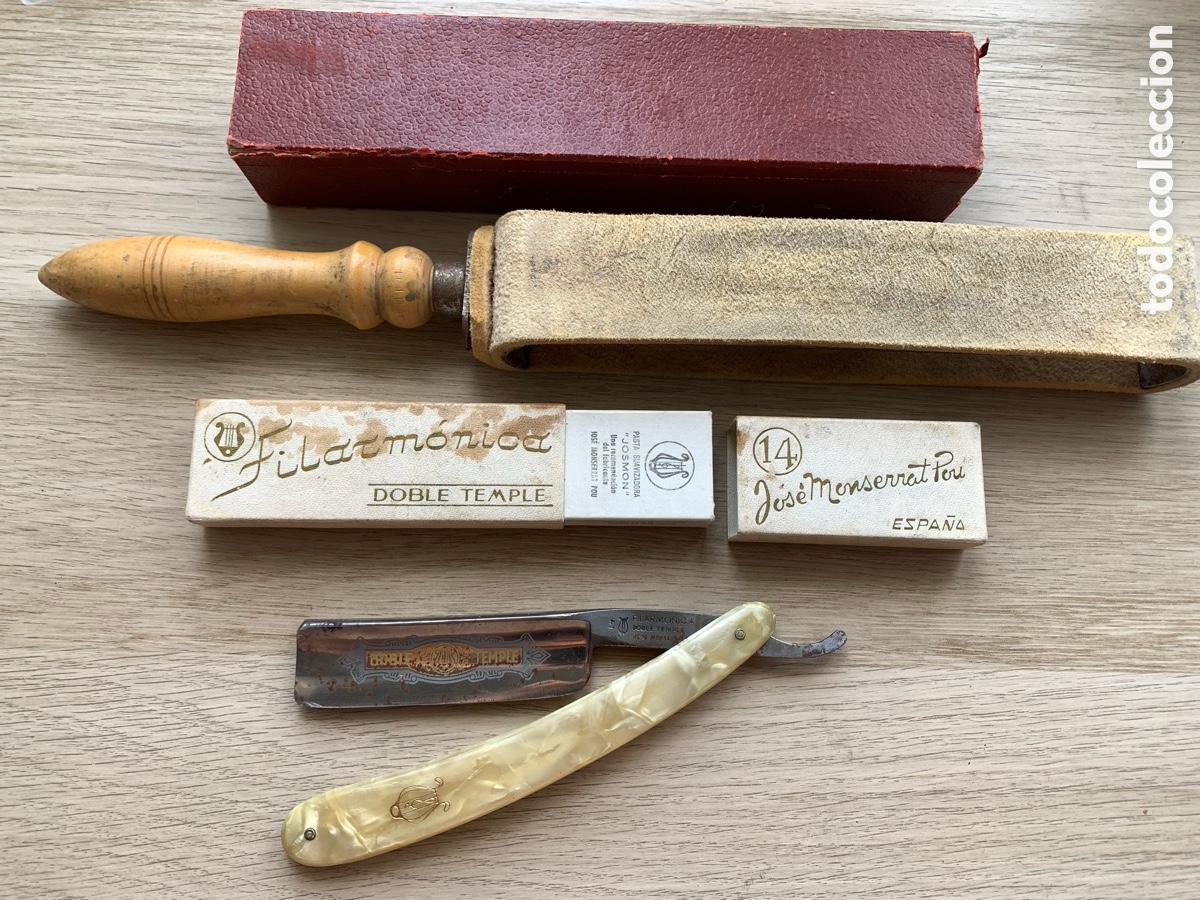 Antiguidades: NAVAJA AFEITAR FILARM&Oacute;NICA EN CAJA DOBLE TEMPLE 14 JOSE MONSERRAT POU + AFILADOR