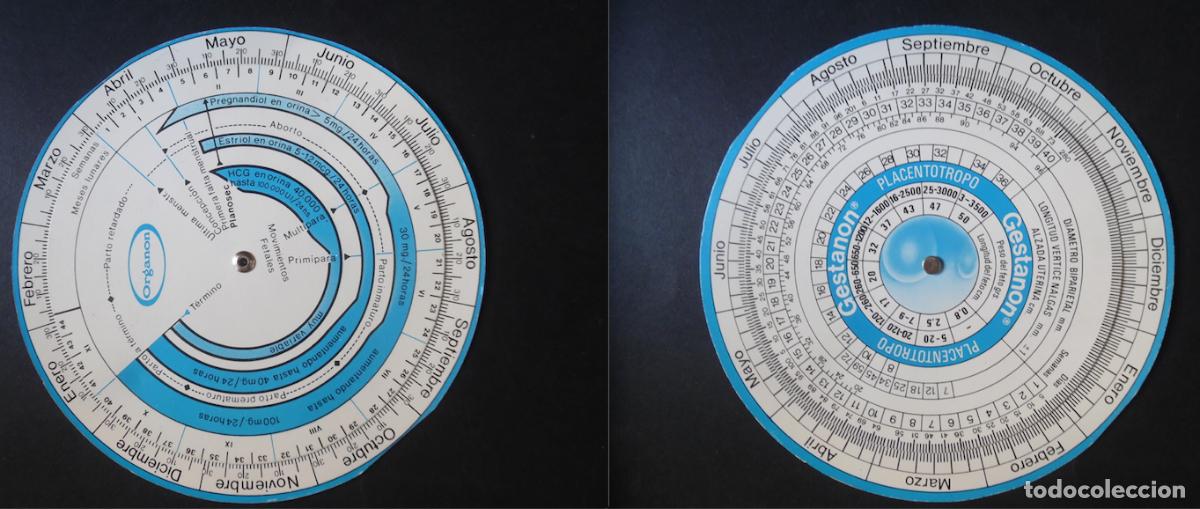 Antig&uuml;edades: Doble Gestograma de cart&oacute;n, a&ntilde;os 80. Disco gestacional o calculadora de embarazo. 17,5 cm. Organon