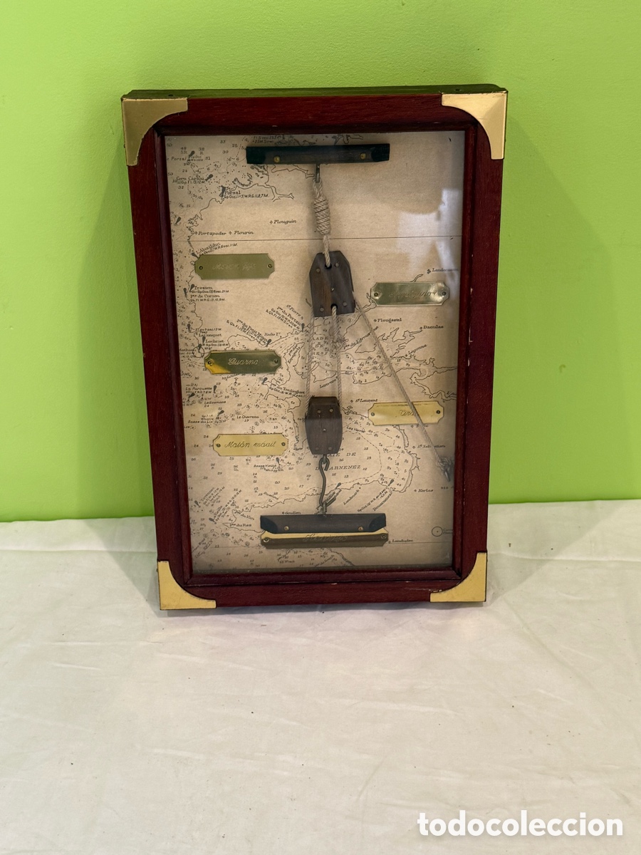 Antig&uuml;edades: Cuadro Vitrina N&aacute;utico &ndash; Motones y Aparejo de Barco &ndash; Carta Marina &ndash; 30 &times; 20 cm