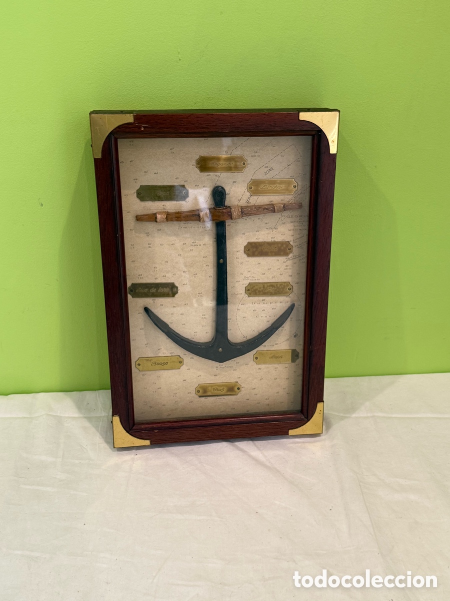 Antig&uuml;edades: Cuadro Vitrina Marinero con Ancla y Nudos N&aacute;uticos &ndash; Carta Marina &ndash; 30 &times; 20 cm