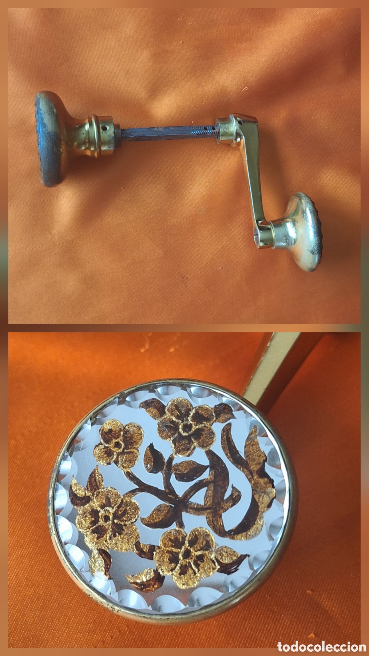Antig&uuml;edades: Preciosa Maneta - Manilla de Puerta de Bronce y Cristal con Decoraci&oacute;n de Flores