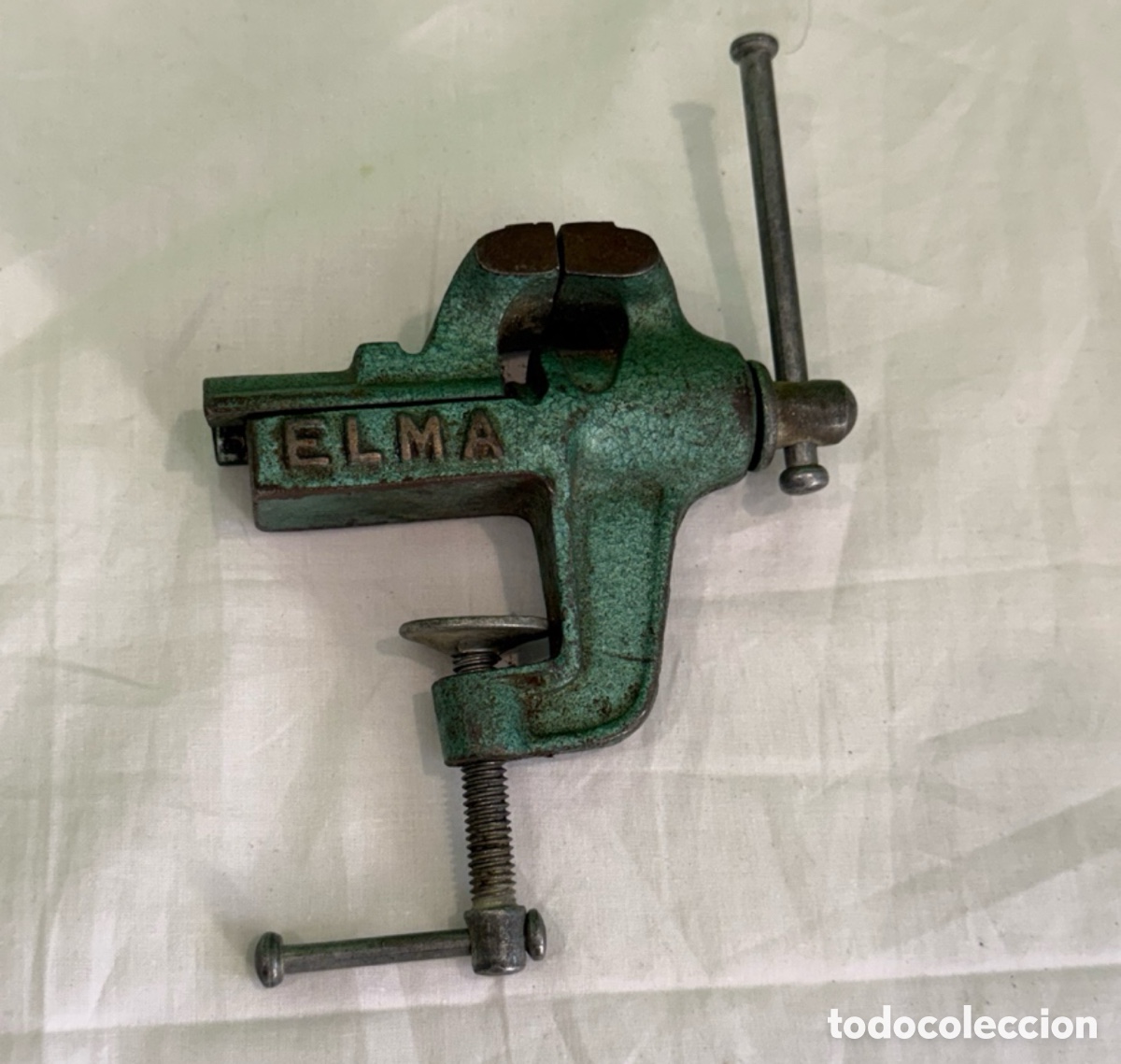 Antig&uuml;edades: Antiguo tornillo de banco ELMA de sobremesa &ndash; hierro fundido, con abrazadera &ndash; N&ordm; 1