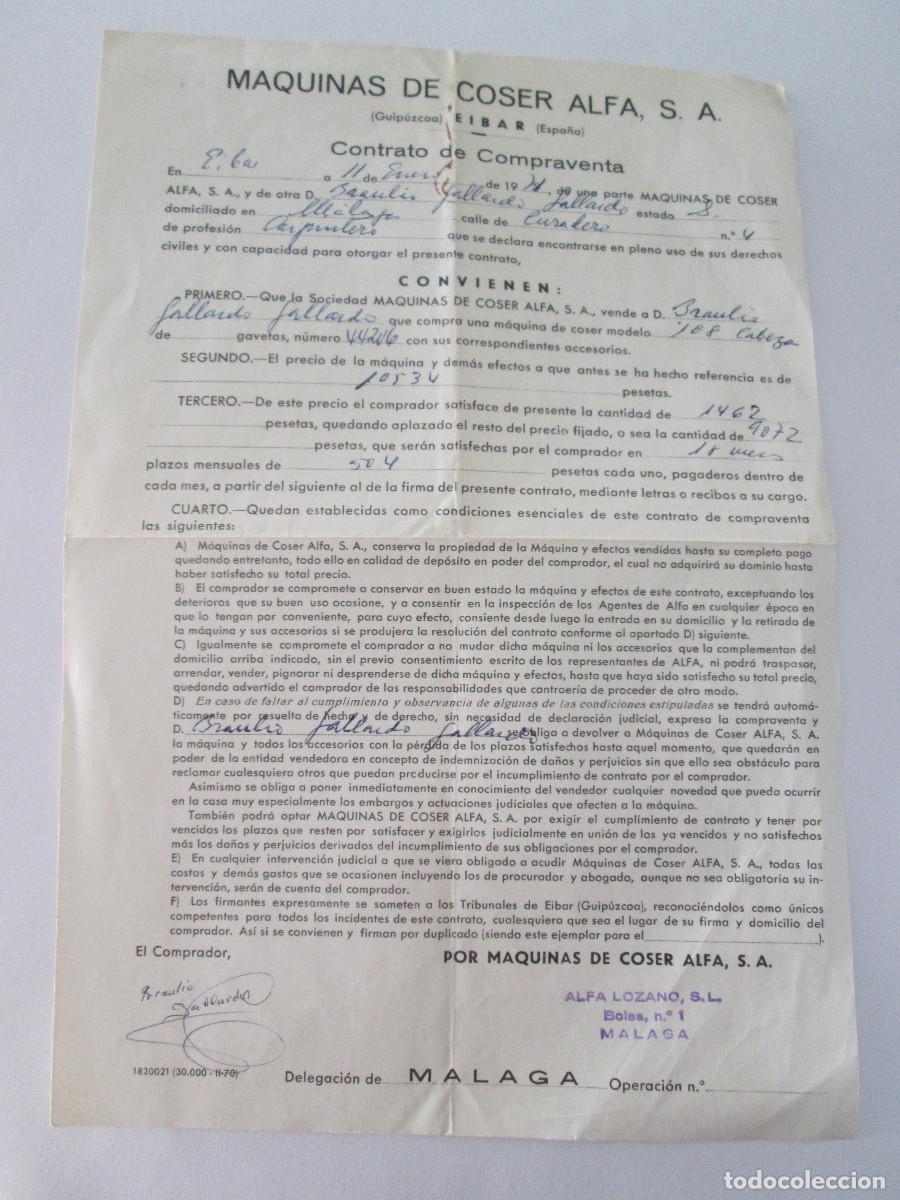 Antig&uuml;edades: MAQUINAS DE COSER ALFA - EIBAR GUIPUZCOA - CONTRATO DE COMPRAVENTA -