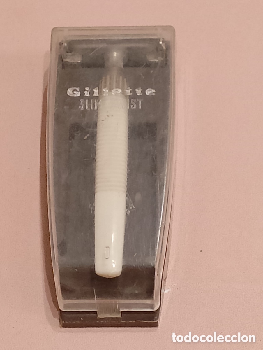 Antig&uuml;edades: Maquinilla de afeitar Gillette Slim Twist con estuche, mango blanco, vintage