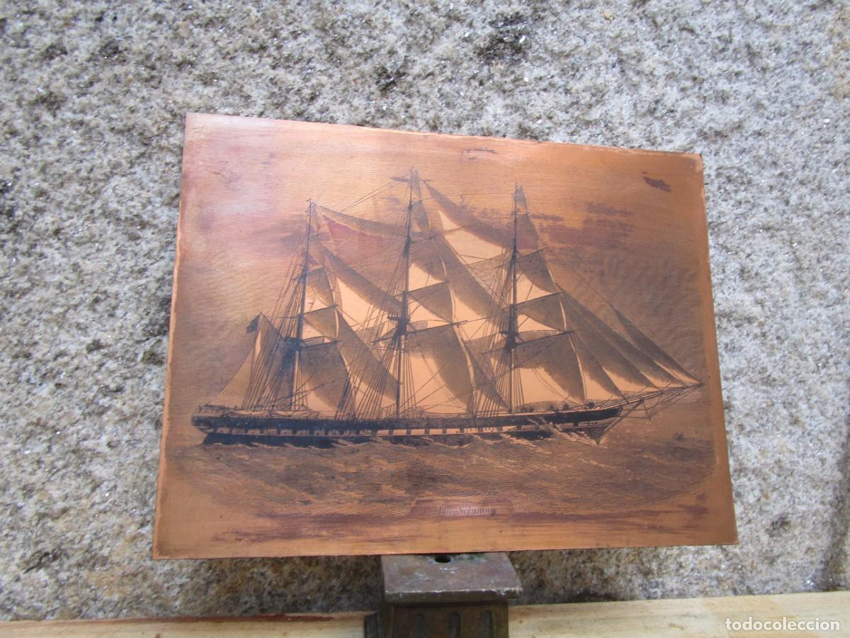 Antig&uuml;edades: CHAPA COBRE GRABADA CON CLIPPER TRES PALOS &rdquo; THE SOBRAON &rdquo; 27X20CMA ARTESANIA DE TCHMASTER INGLES.