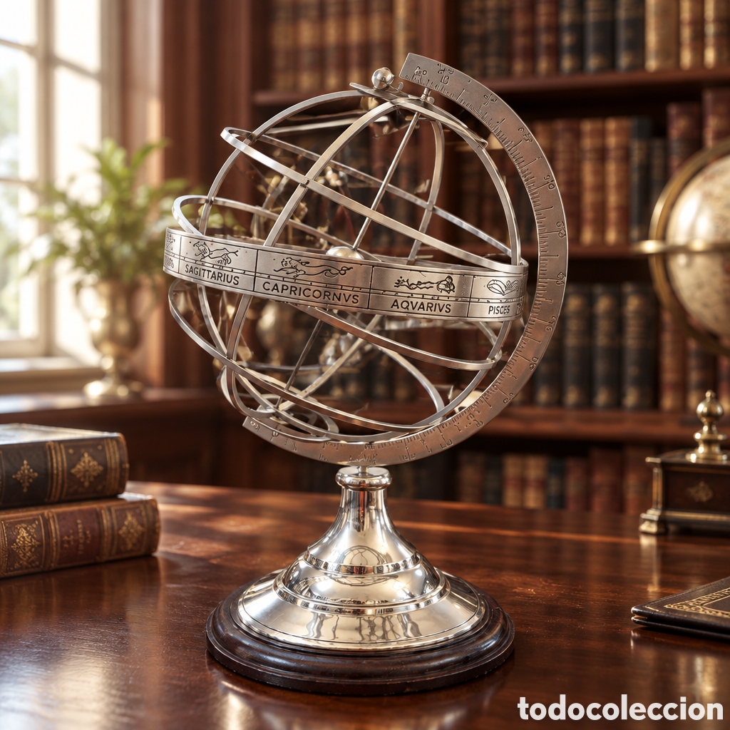 Antig&uuml;edades: EXTRAORDINARIO ASTROLAVIO BOLA ZODIACAL . METAL PLATEADO Y BASE DE MADERA . ALTO 45 CM . BASE 25 CM