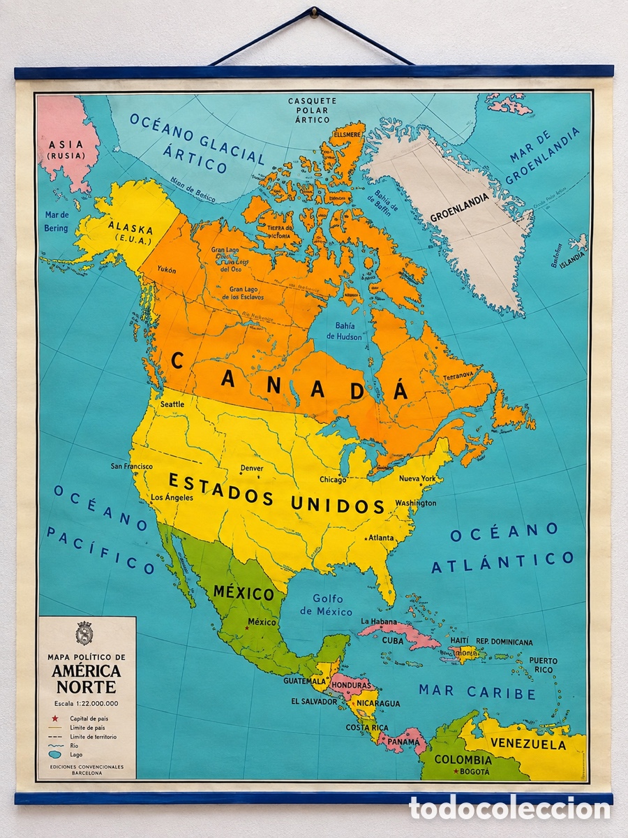 Antig&uuml;edades: Antiguo Mapa Escolar Reversible Am&eacute;rica del Norte y Centro (126x88 cm) - F&iacute;sico / Pol&iacute;tico