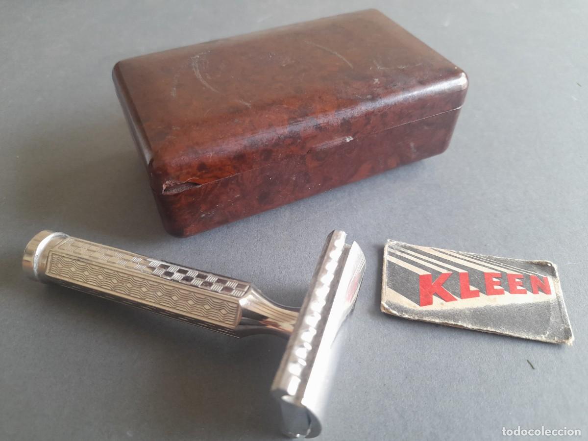 Antig&uuml;edades: caja de baquelita ever-ready para cuchilla de afeitar, cuchilla sin fabricante y hoja kleen