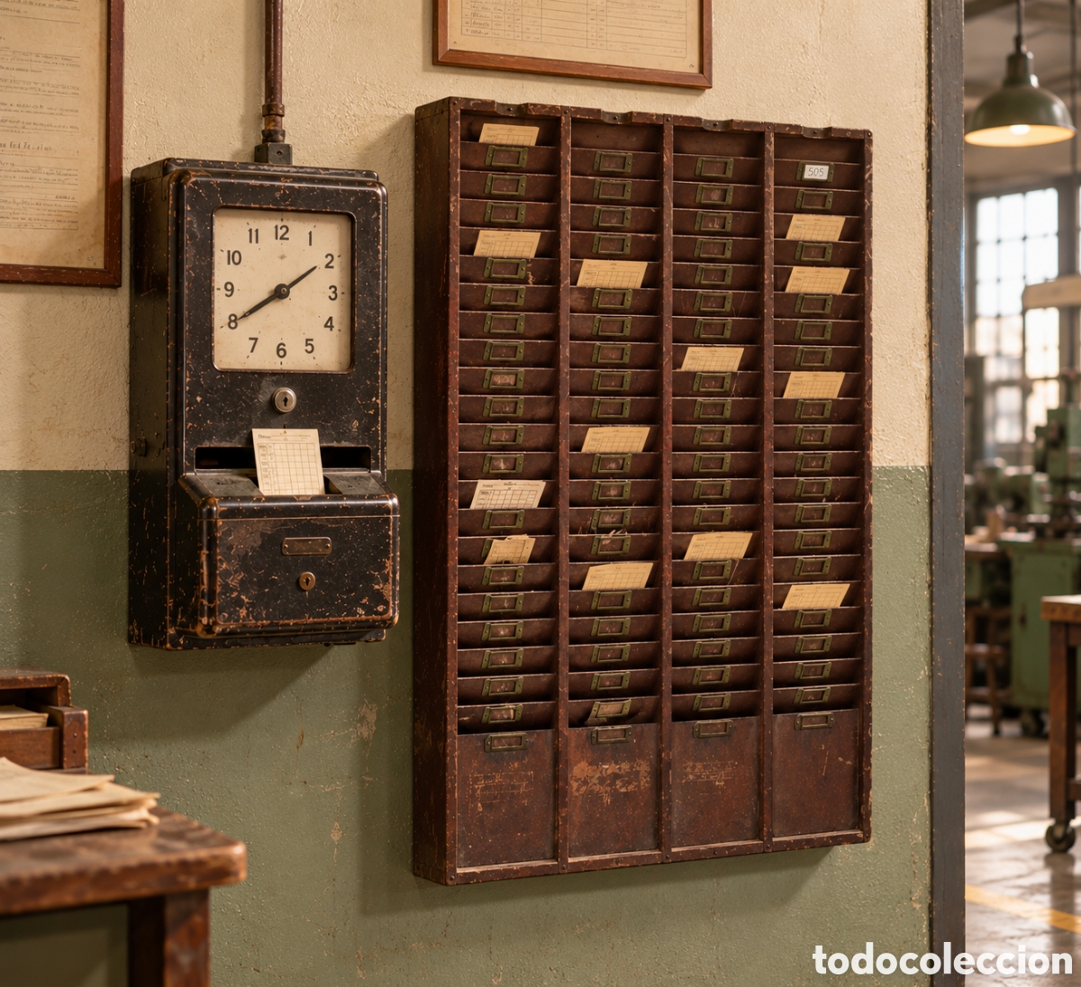 Antig&uuml;edades: Antiguo casillero industrial para tarjetas de fichaje de f&aacute;brica