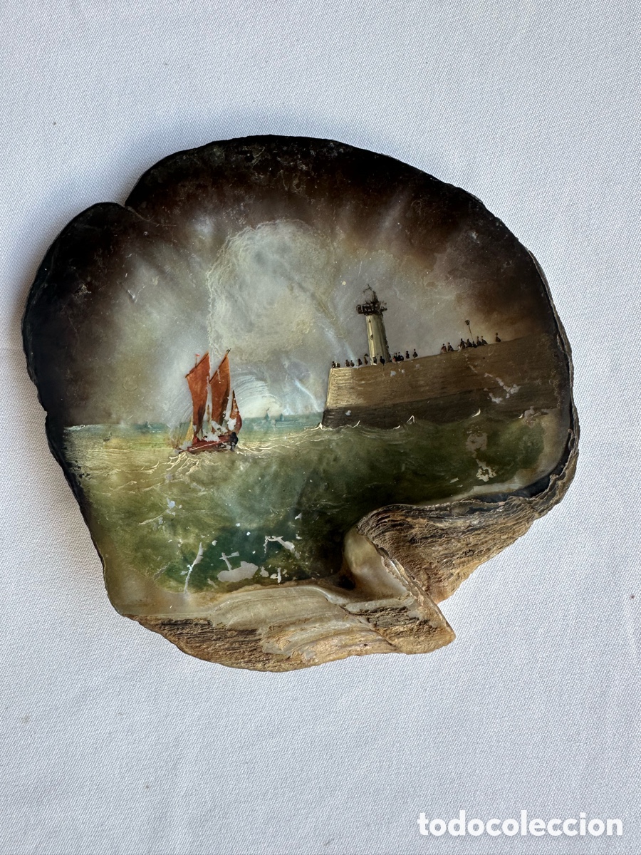 Antig&uuml;edades: Concha de n&aacute;car con &oacute;leo de marina. - Foto 4