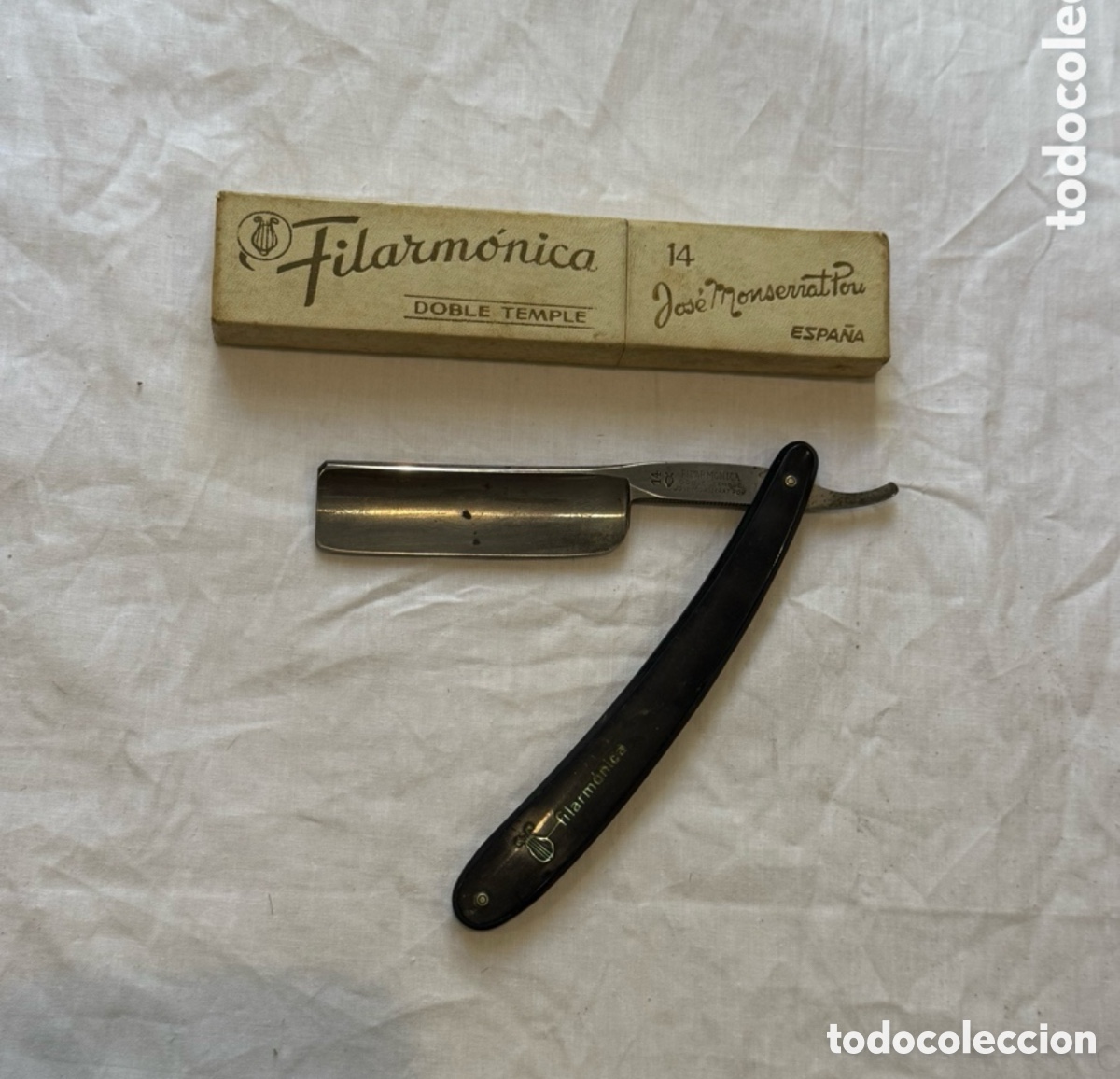 Antig&uuml;edades: Navaja Filarm&oacute;nica Doble Temple N&ordm; 14 Jos&eacute; Monserrat Pou &ndash; Hoja 25 mm &ndash; con Caja