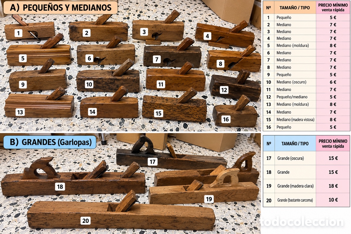 Antig&uuml;edades: Cepillos y garlopas antiguas de carpintero
