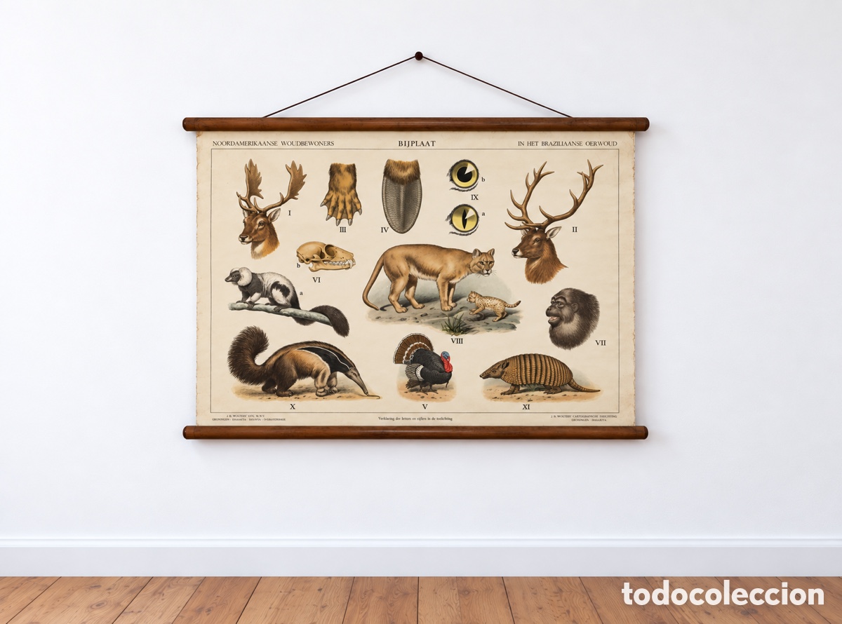 Oggetti Antichi: Mapa mural zool&oacute;gico de escuela &rdquo;Animales del bosque en Am&eacute;rica del Norte &rdquo;By M.A.Koekkoek `s
